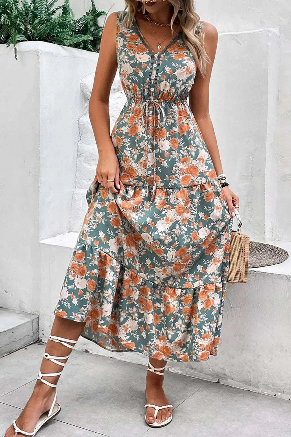 Floral Print Trimmed V Neck Tie Waist Sleeveless Dress WESTCLOSET