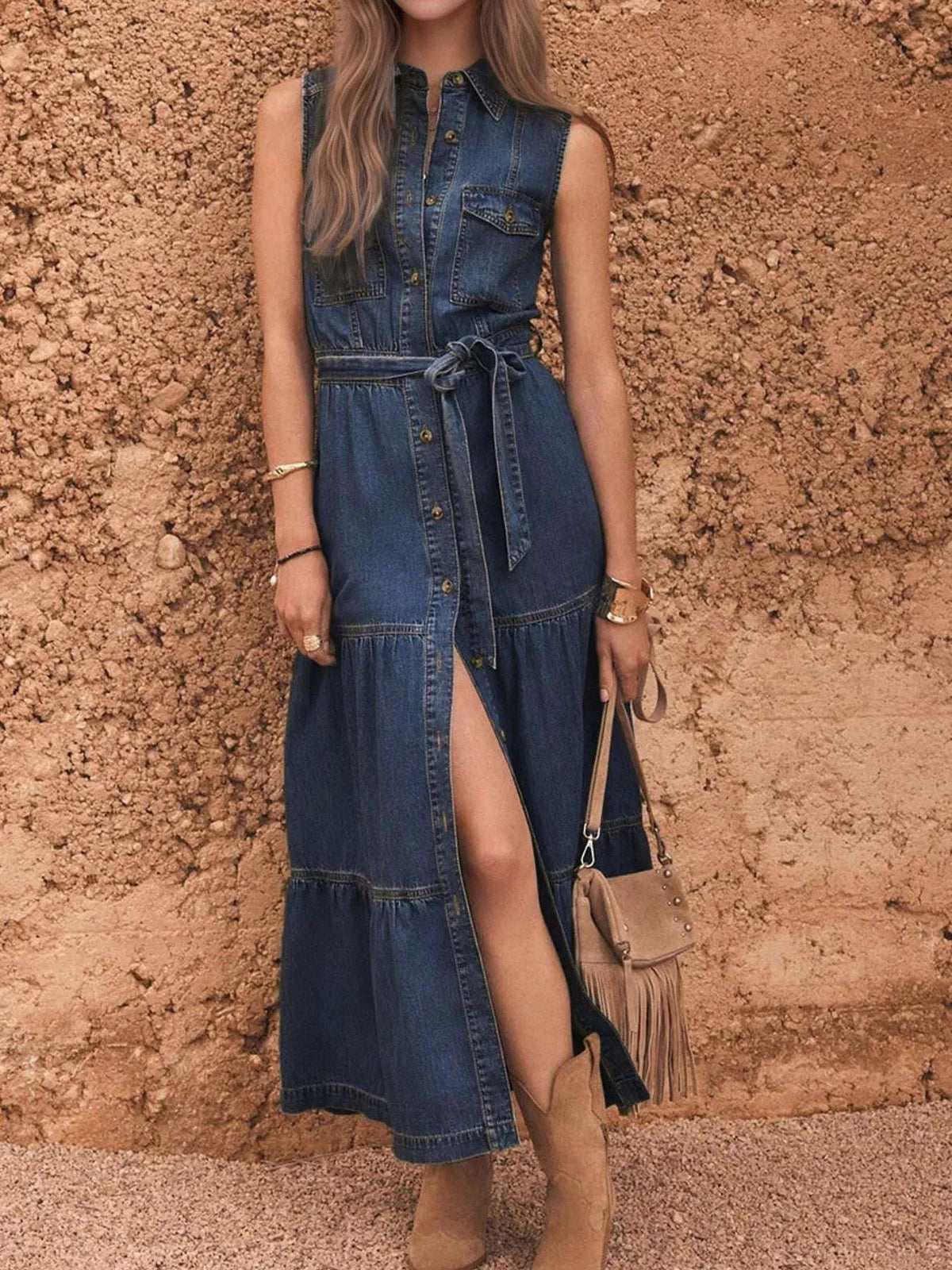 Button Front Sleeveless Denim Dress WESTCLOSET