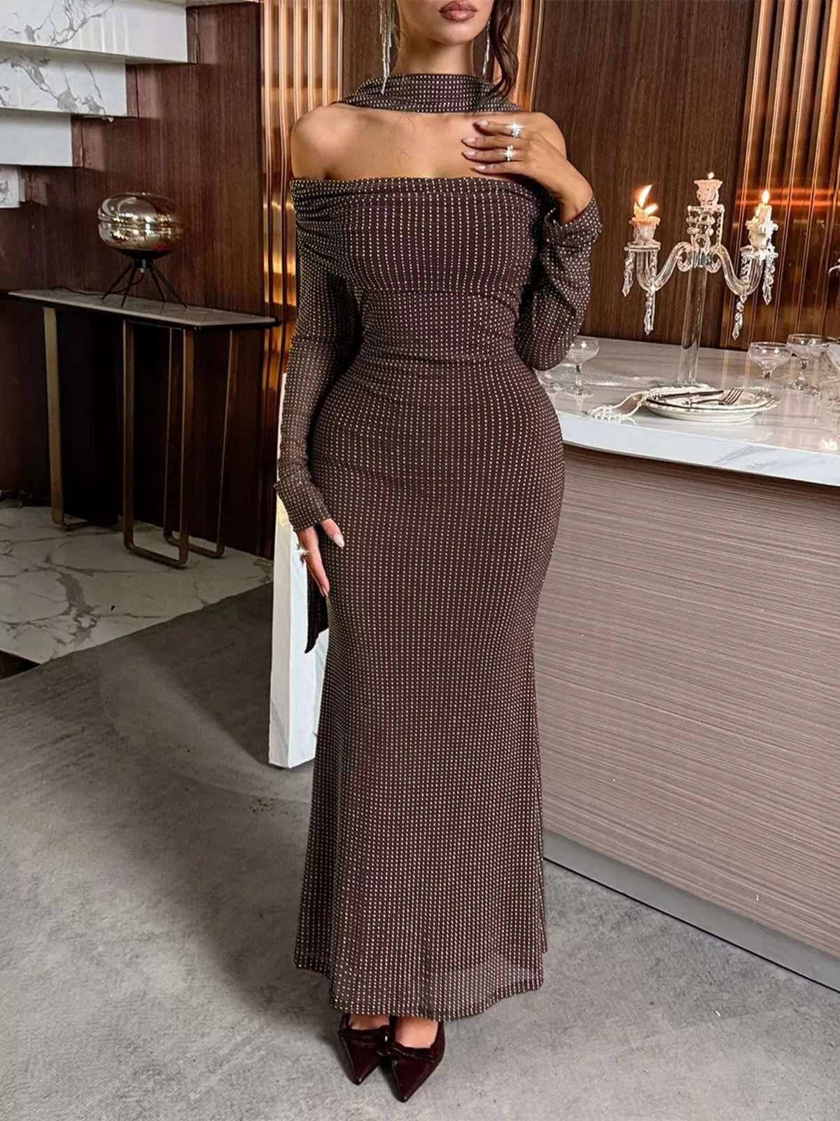 Off-Shoulder Scarf Bodycon Maxi Dress WESTCLOSET