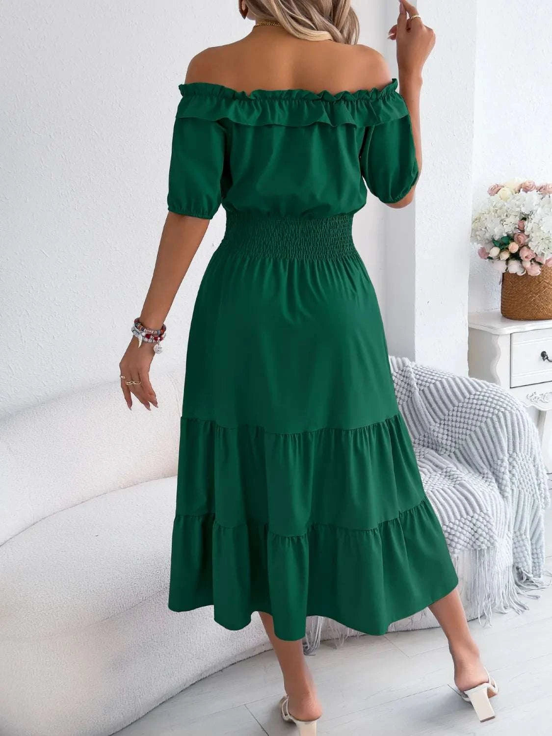 Smocked Off-Shoulder Tiered Dress WESTCLOSET