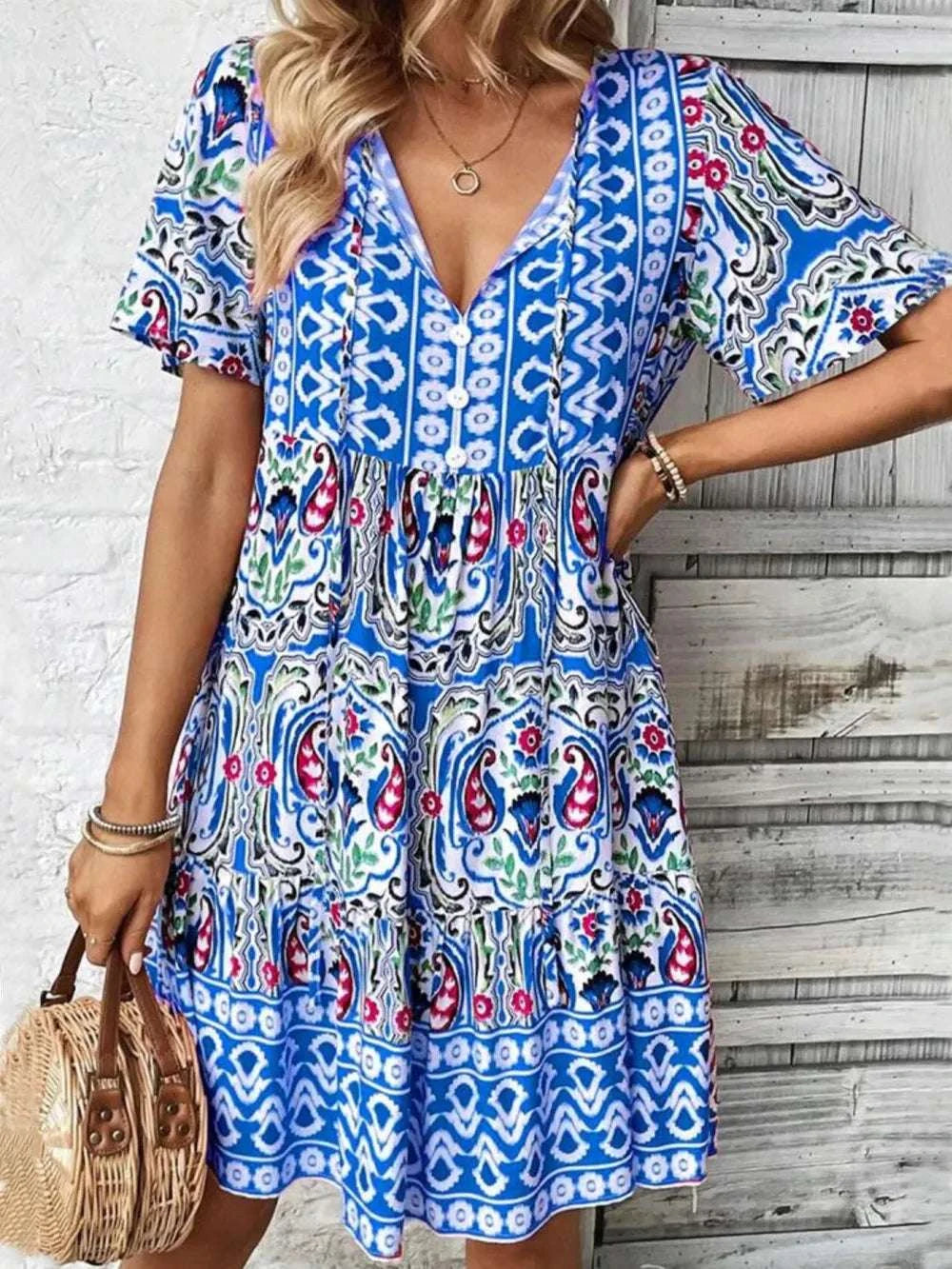 Printed Tie Neck Short Sleeve Dress WESTCLOSET
