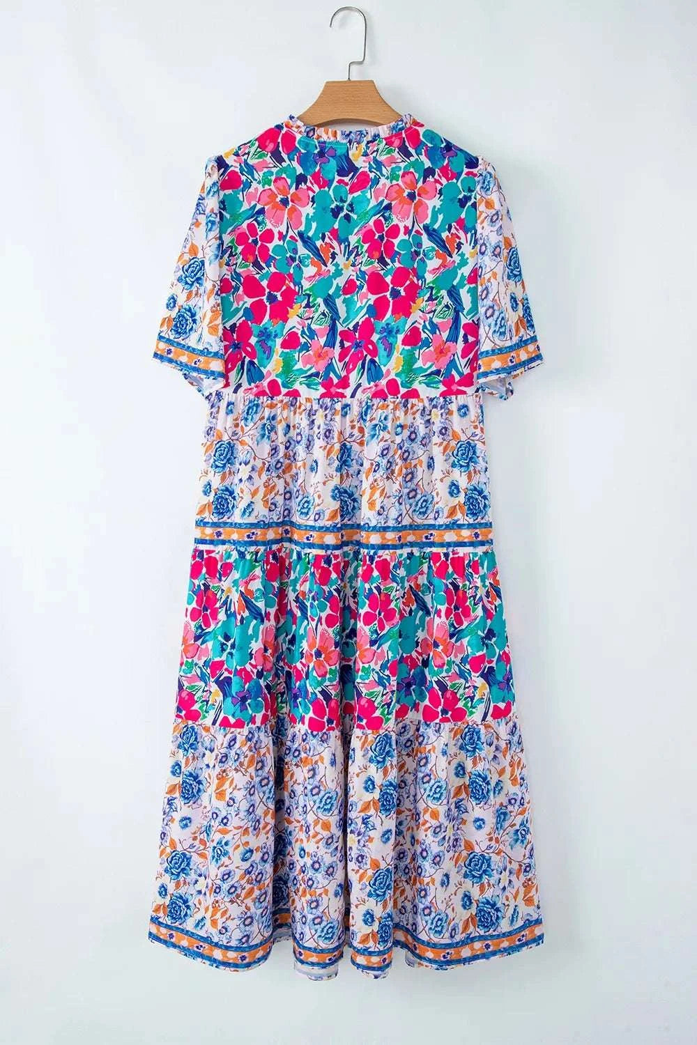 Mixed Floral Print Tie Neck Short Sleeve Dress WESTCLOSET