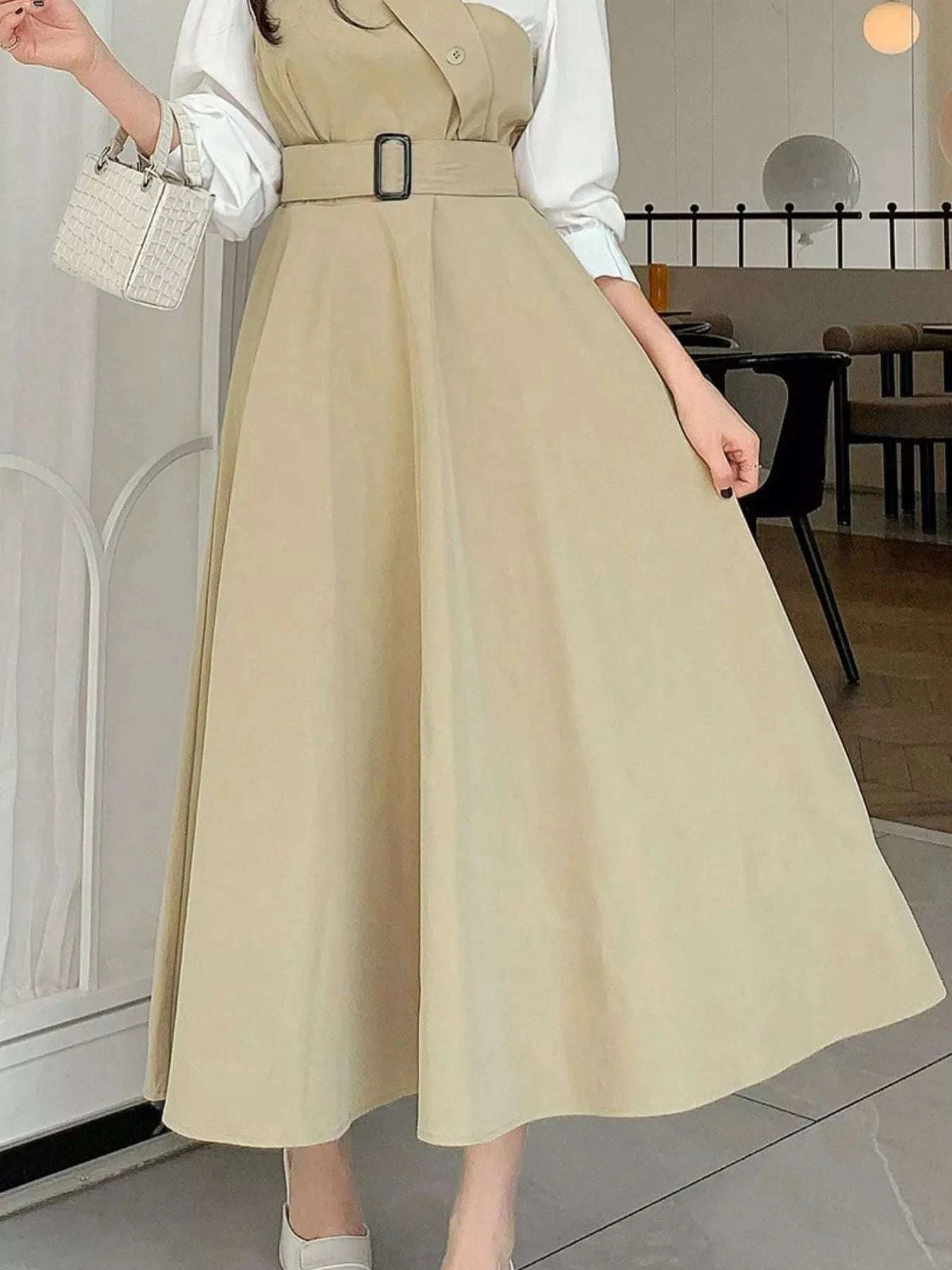 Contrast Long Sleeve Midi Dress with Belted WESTCLOSET