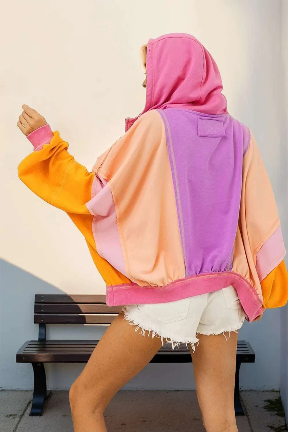 Double Take Full Size Color Block Zip Up Hoodie WESTCLOSET