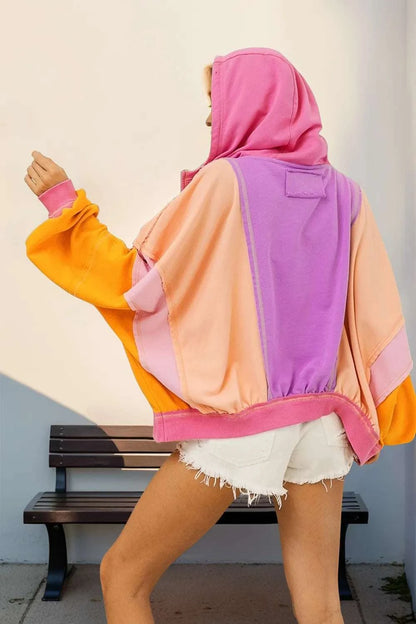 Double Take Full Size Color Block Zip Up Hoodie WESTCLOSET