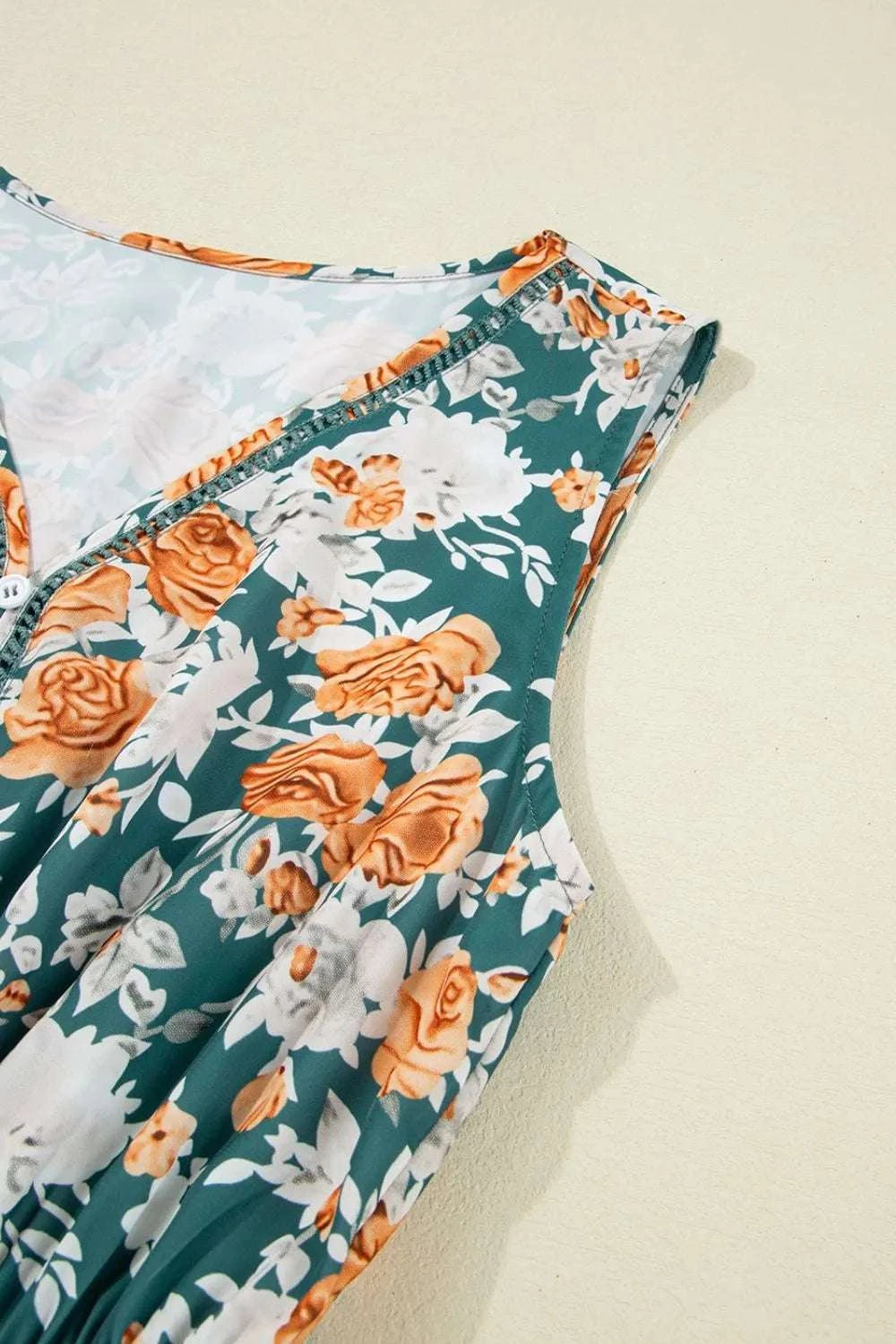 Floral Print Trimmed V Neck Tie Waist Sleeveless Dress WESTCLOSET