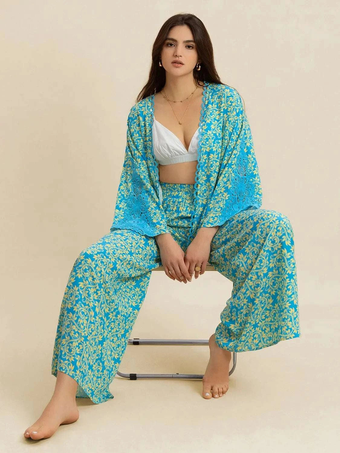 Open Front Printed Top and Pants Set WESTCLOSET