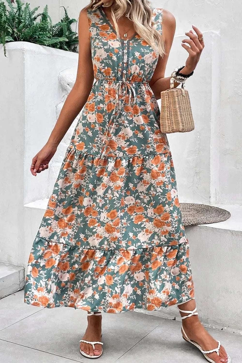 Floral Print Trimmed V Neck Tie Waist Sleeveless Dress WESTCLOSET