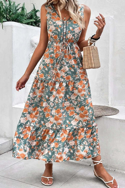 Floral Print Trimmed V Neck Tie Waist Sleeveless Dress WESTCLOSET
