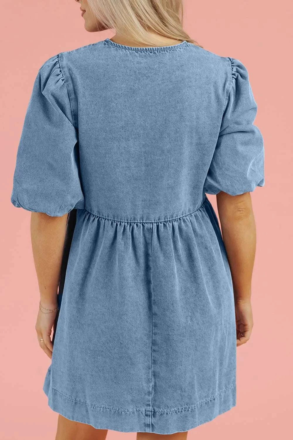 Bowknot Round Neck Half Sleeve Denim Dress WESTCLOSET
