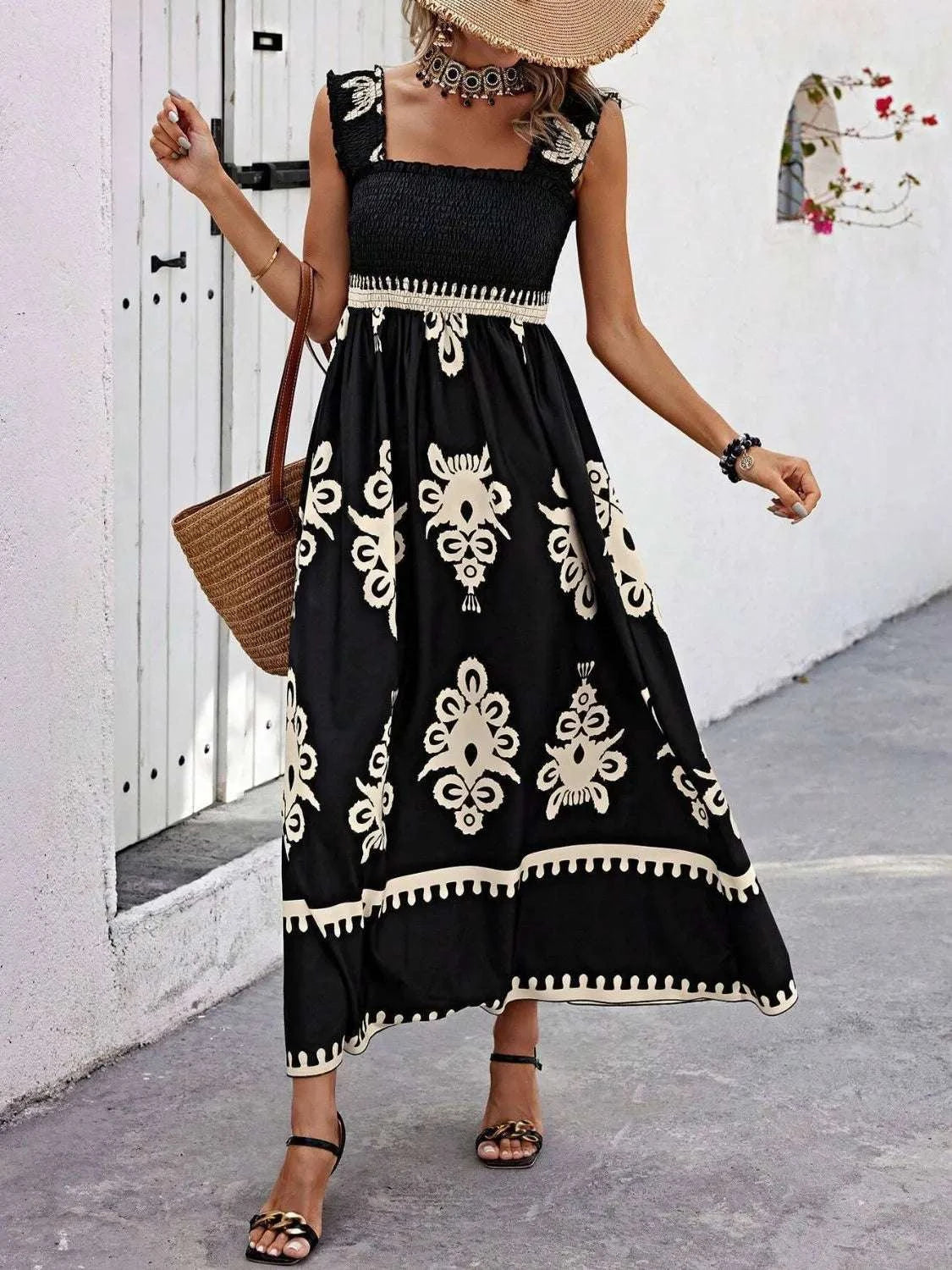 Smocked Printed Wide Strap Maxi Dress WESTCLOSET