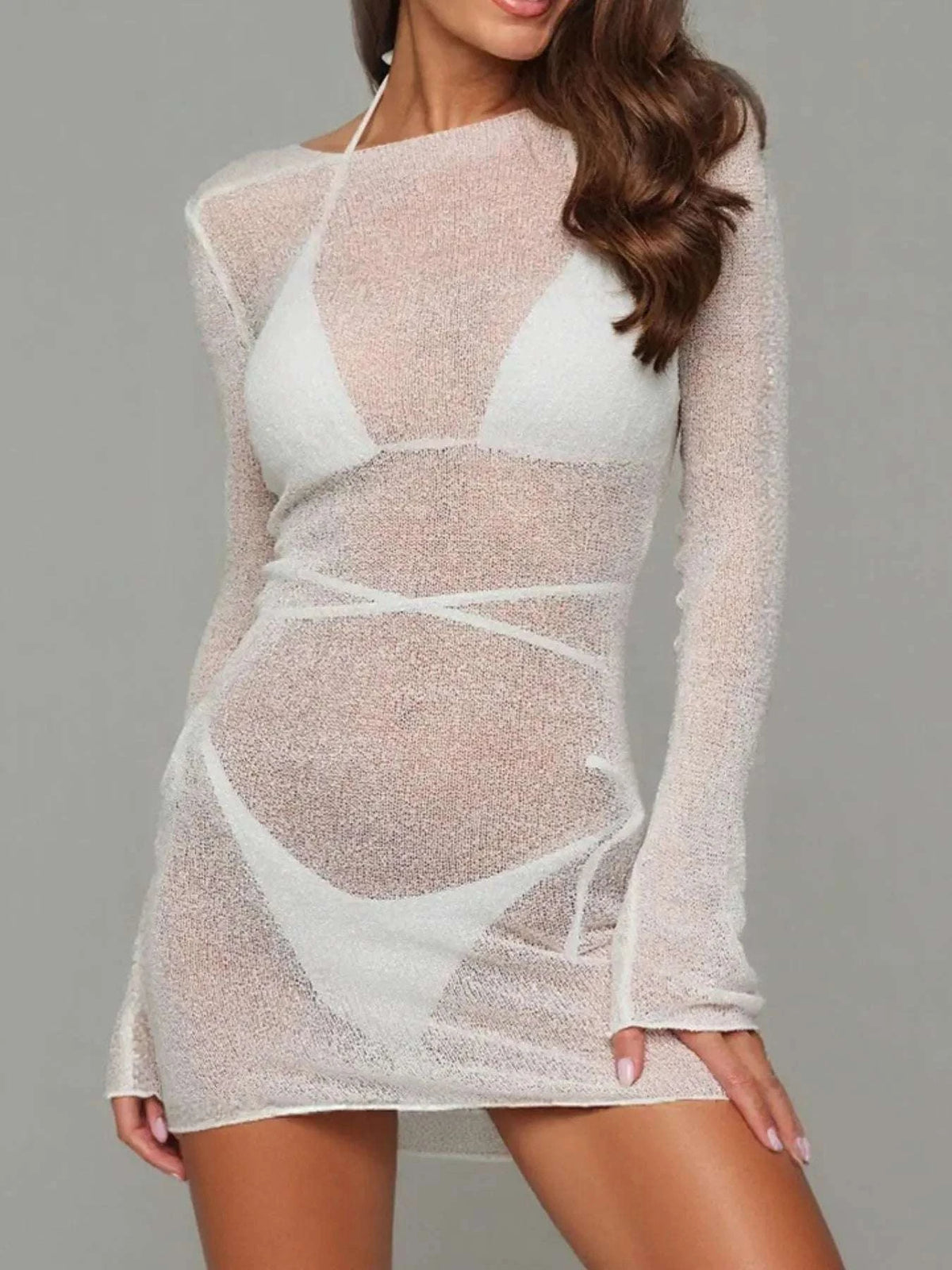 Sheer Backless Long Sleeve Mini Cover-Up Dress WESTCLOSET