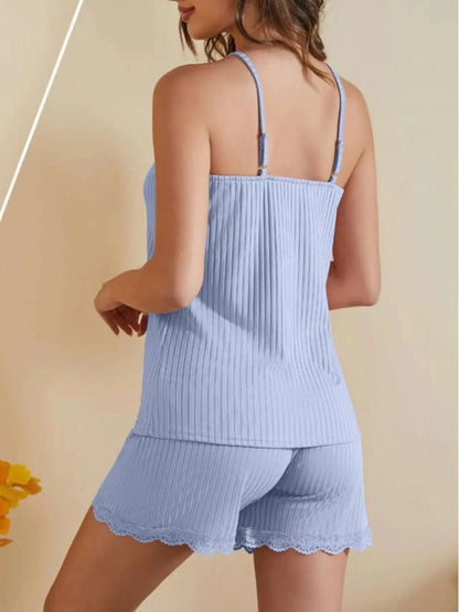 Lace-Trimmed Ribbed Cami and Shorts Lounge Set WESTCLOSET