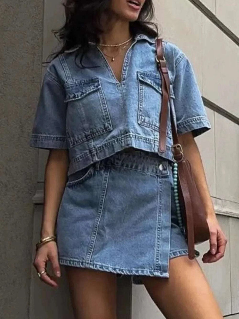 Johnny Collar Short Sleeve Top and Skort Denim Set WESTCLOSET