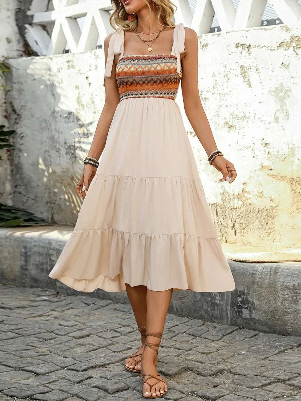 Tie Shoulder Square Neck Tiered Midi Dress WESTCLOSET