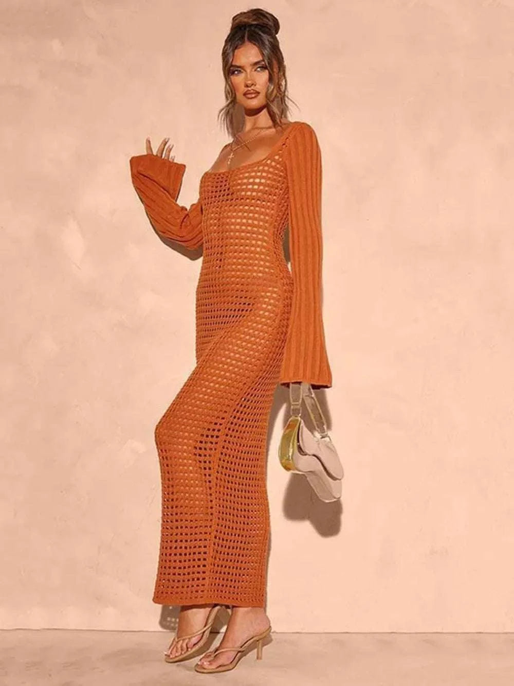 Openwork Square Neck Flare Sleeve Cover-Up Dress WESTCLOSET