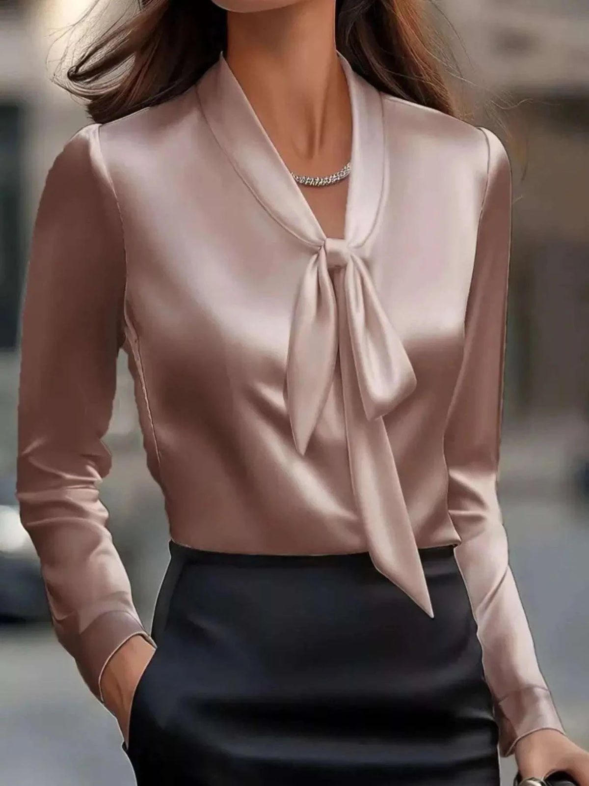 Satin Tie Front Long Sleeve Blouse WESTCLOSET
