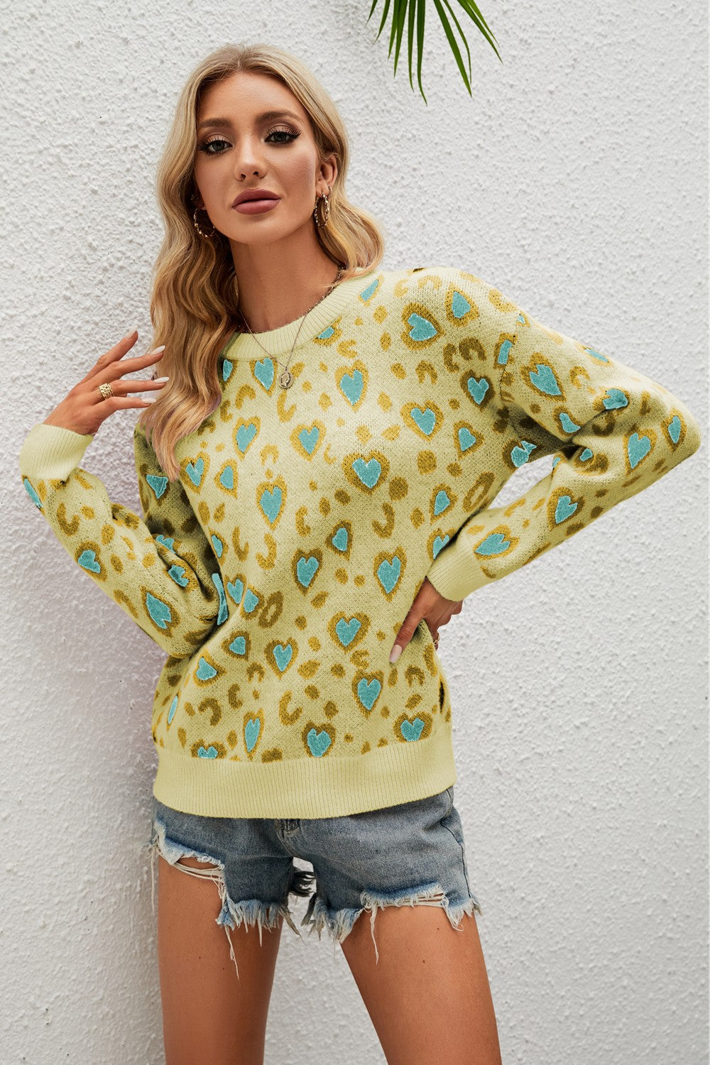WestCloset Heart Round Neck Dropped Shoulder Sweater 