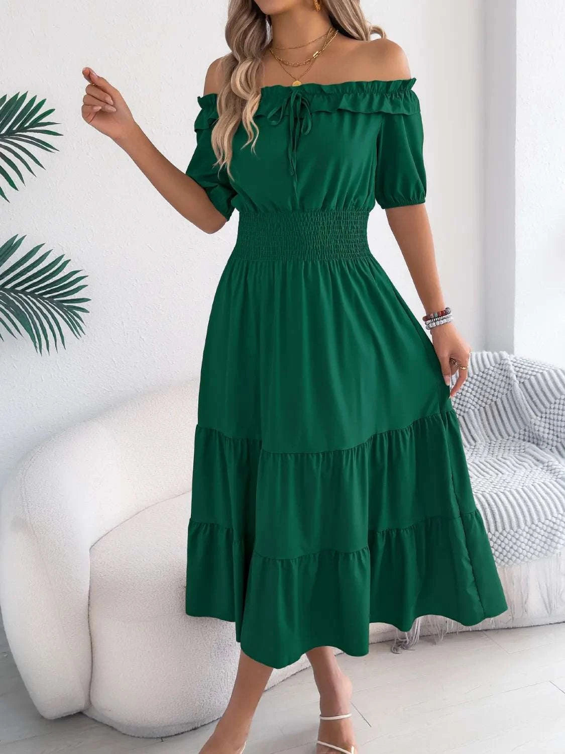 Smocked Off-Shoulder Tiered Dress WESTCLOSET