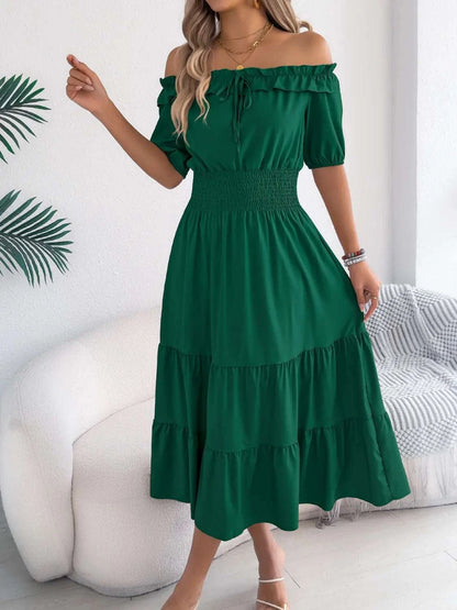 Smocked Off-Shoulder Tiered Dress WESTCLOSET