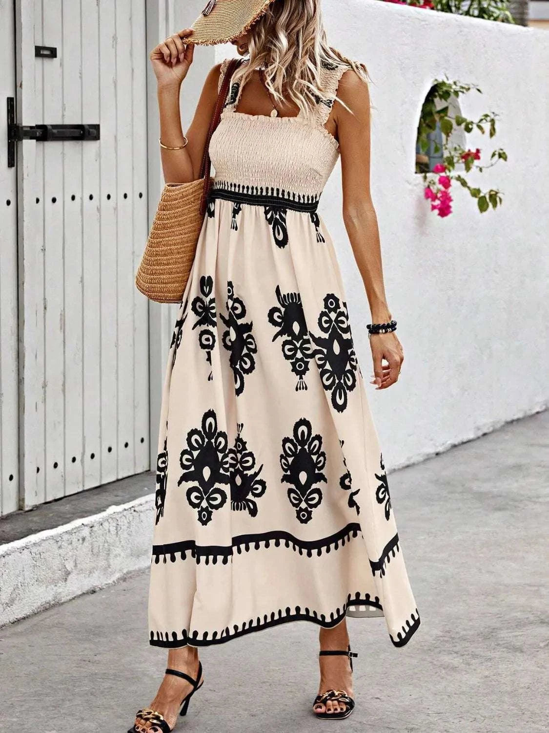 Smocked Printed Wide Strap Maxi Dress WESTCLOSET