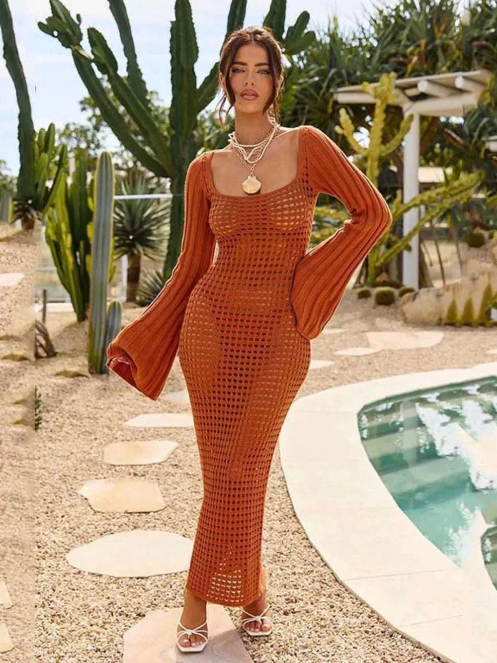 Openwork Square Neck Flare Sleeve Cover-Up Dress WESTCLOSET