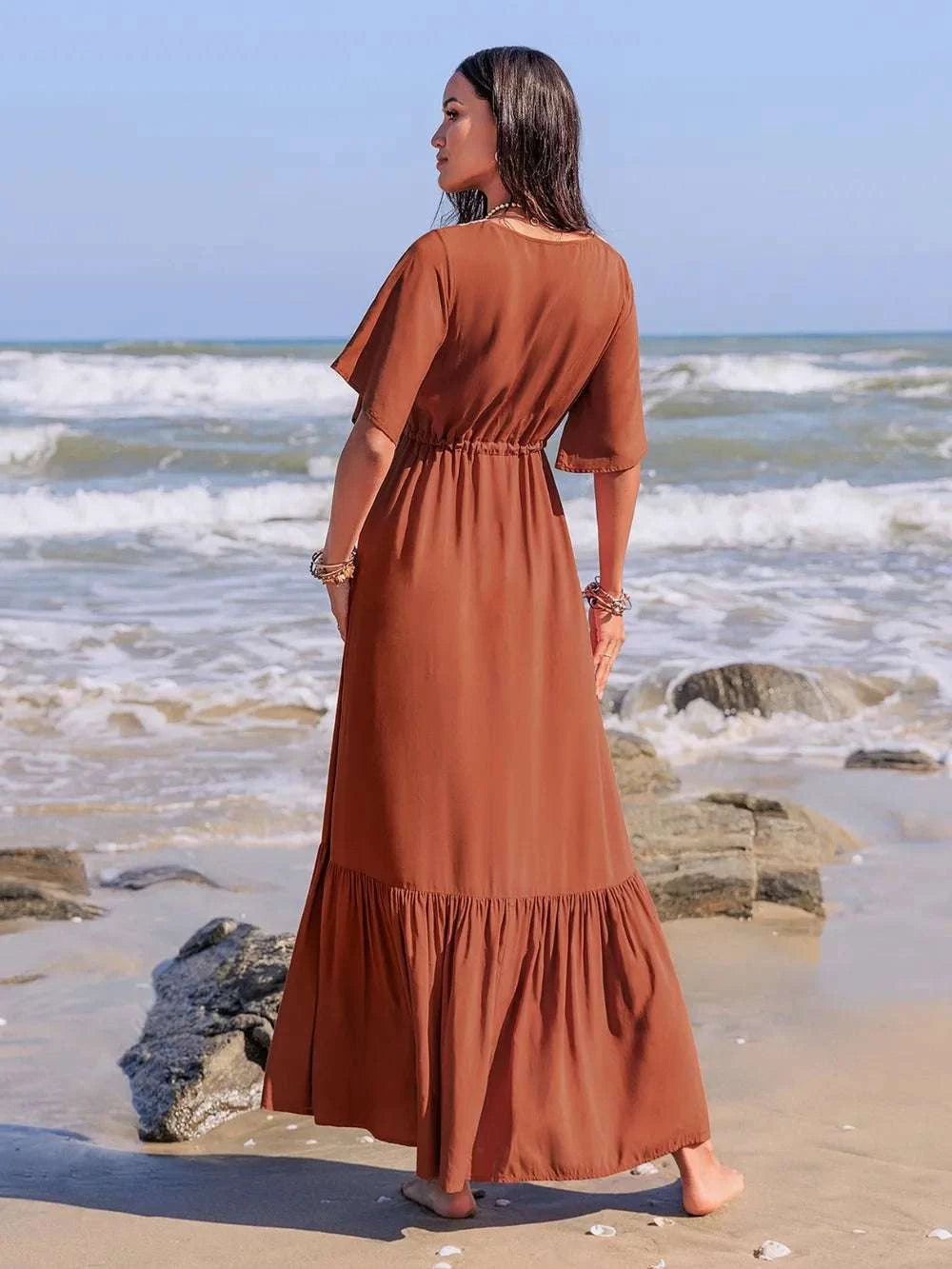 Ruffled Tassel V-Neck Flutter Sleeve Dress WESTCLOSET