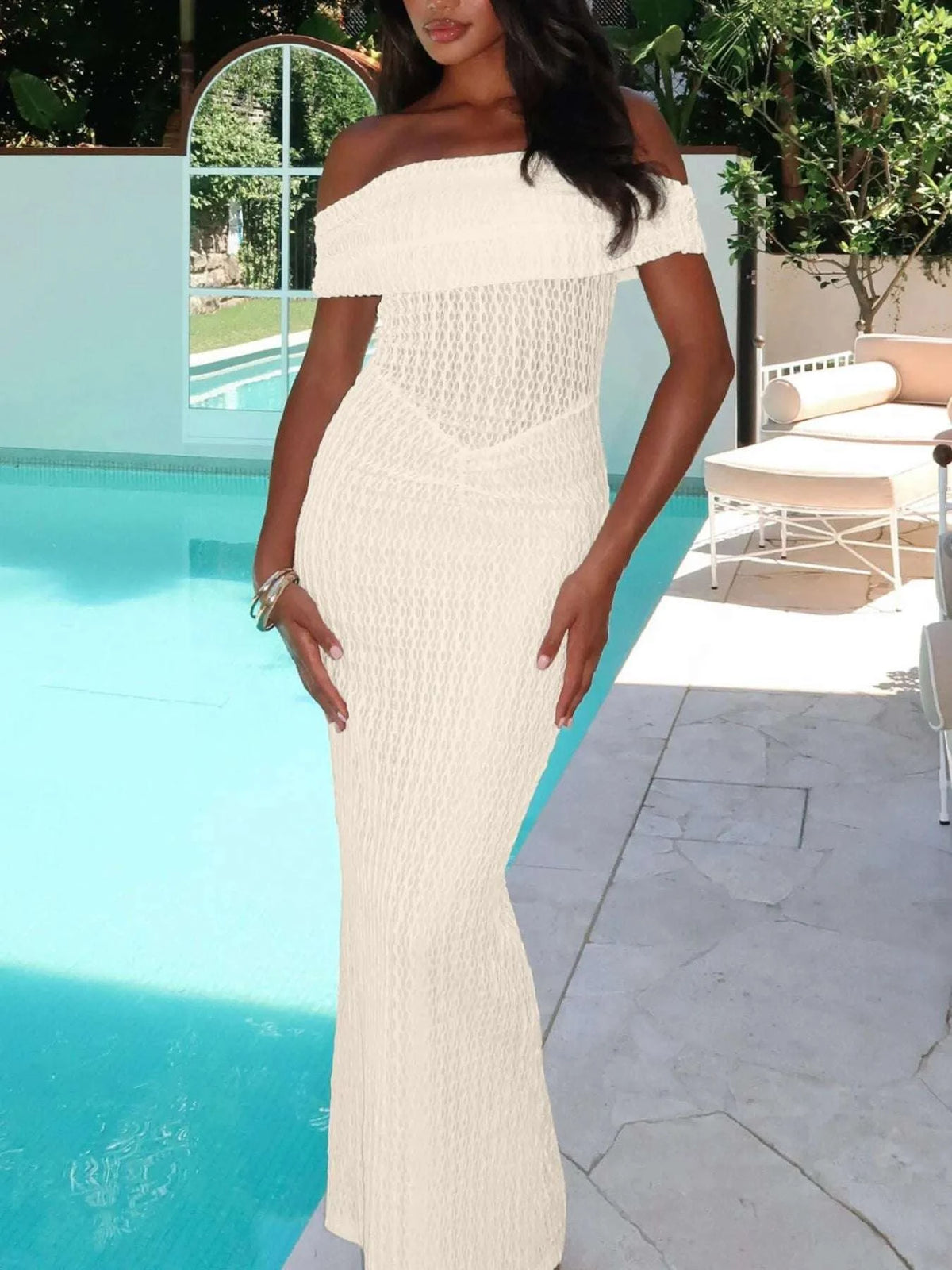 Off Shoulder Texture Maxi Dress WESTCLOSET