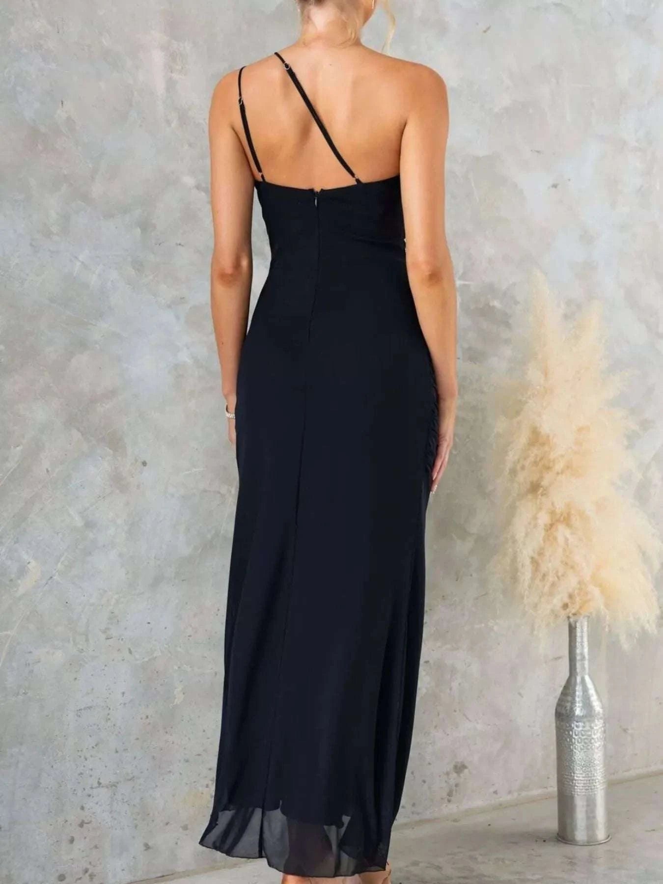 Back view of elegant women ruffle slit dress party look
