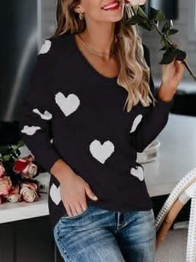 WestCloset Heart Scoop Neck Long Sleeve Sweater 