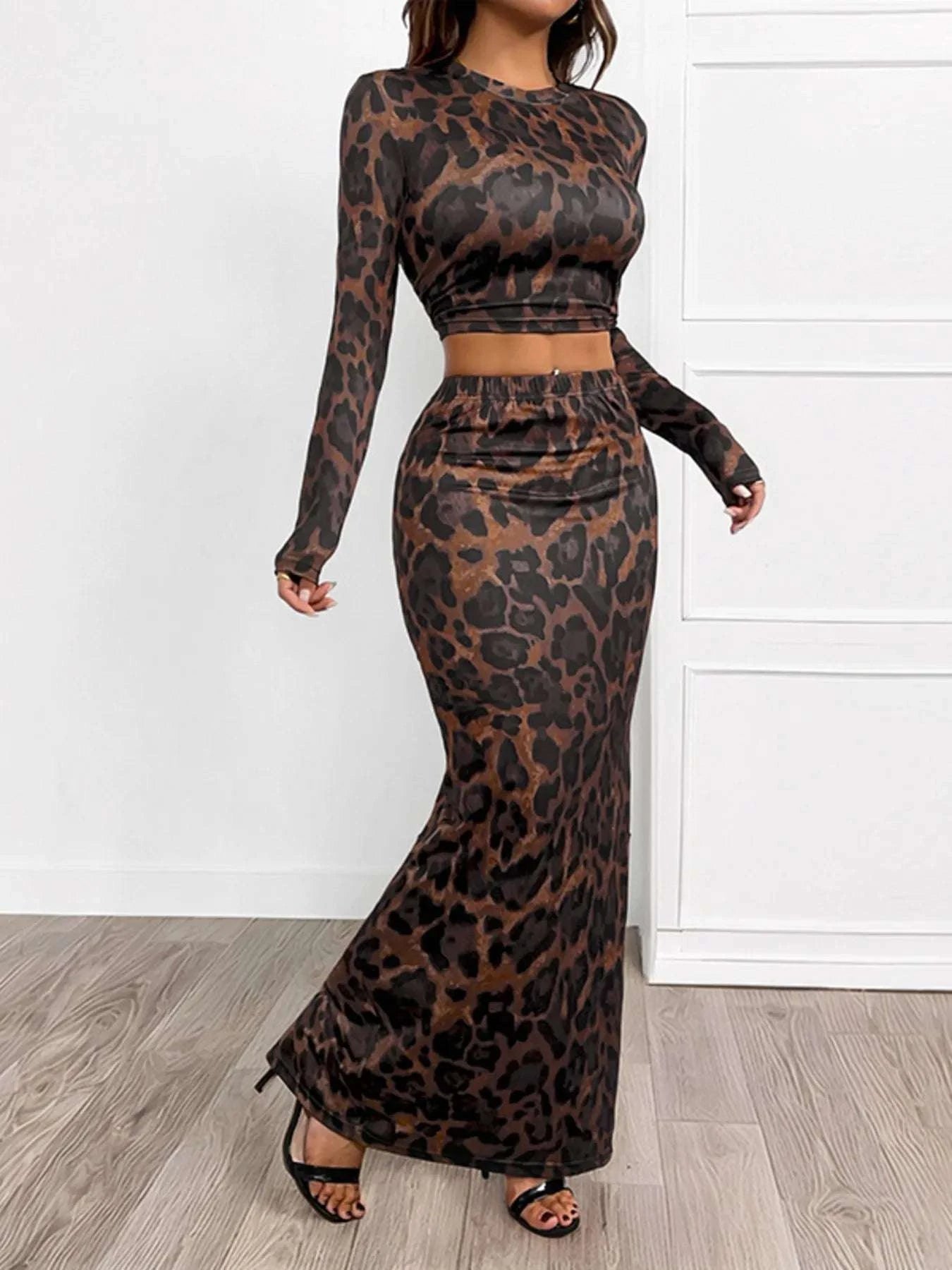 Leopard Round Neck Top and Skirt Set WESTCLOSET