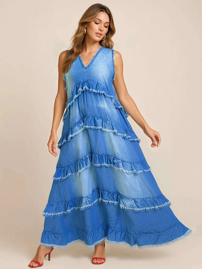 Raw Hem Layered Denim Maxi Dress WESTCLOSET
