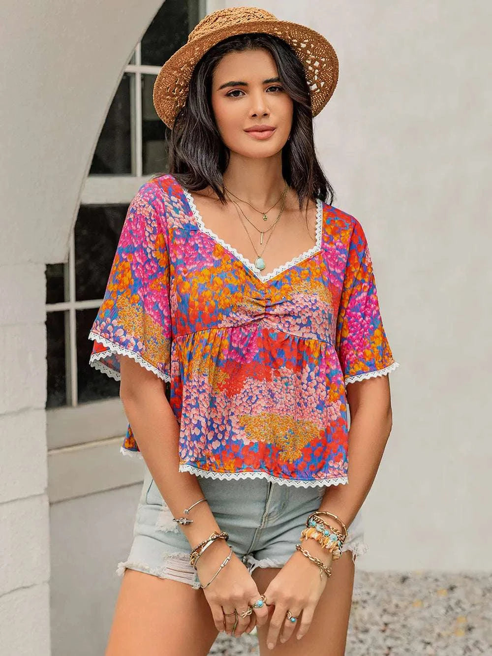 Ruched Printed Half Sleeve Blouse WESTCLOSET