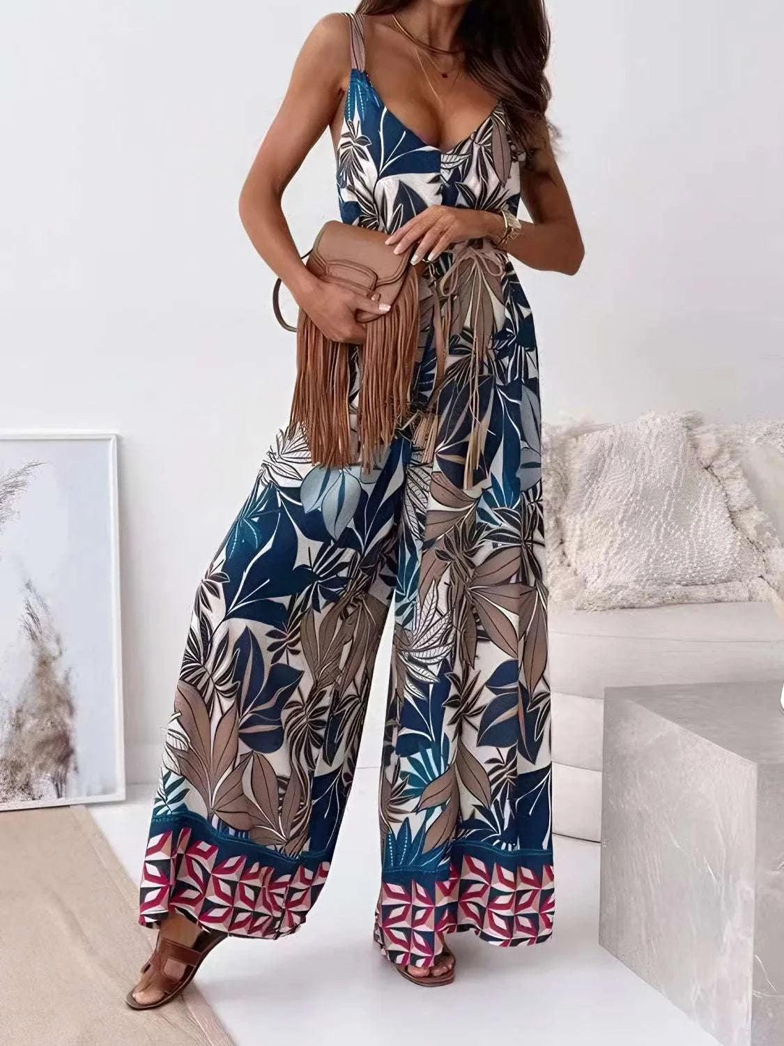 Printed V-Neck Wide Leg Jumpsuit WESTCLOSET