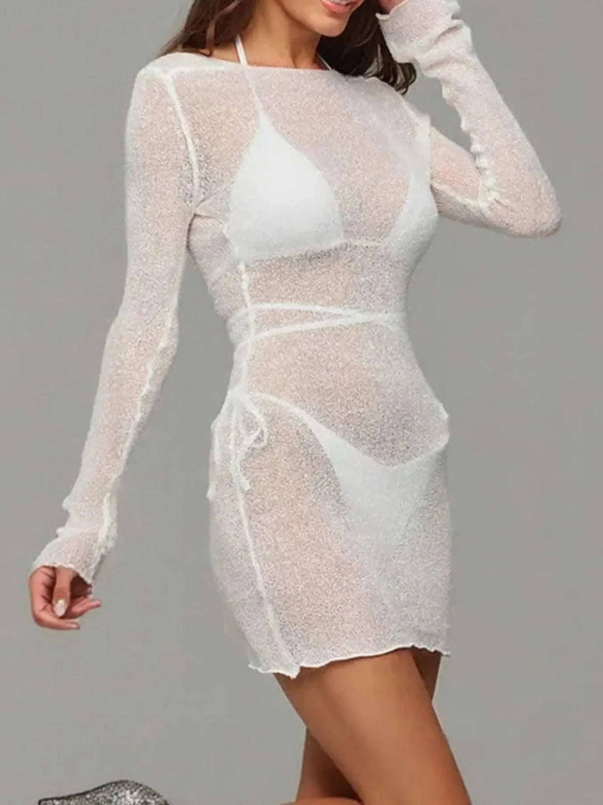 Sheer Backless Long Sleeve Mini Cover-Up Dress WESTCLOSET