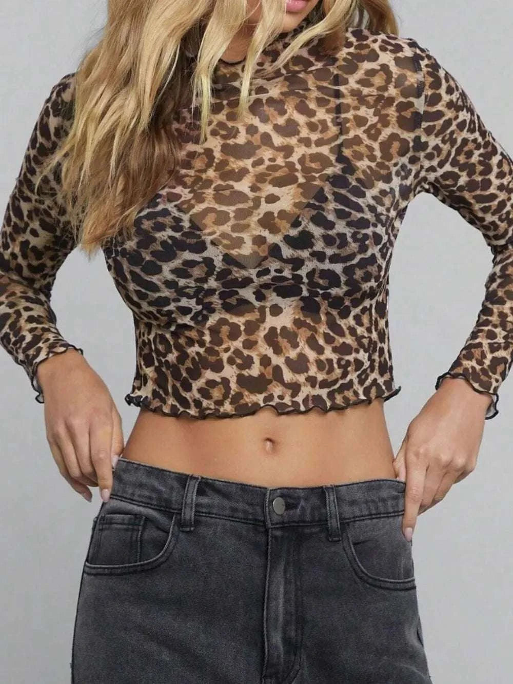 Leopard Mock Neck Long Sleeve Sheer Top WESTCLOSET