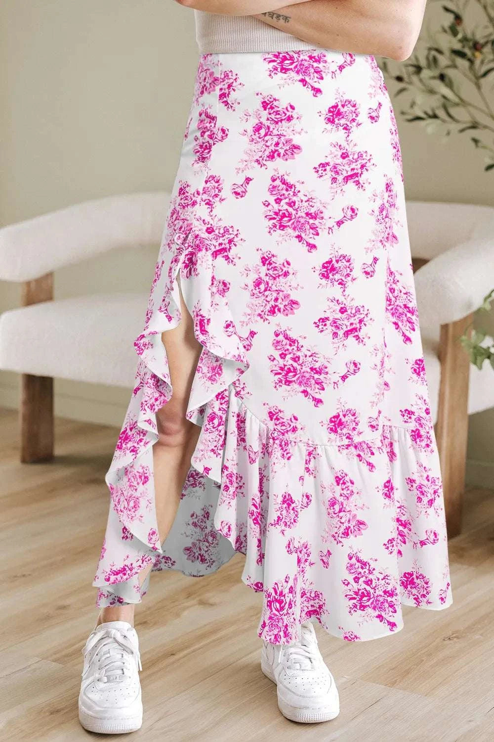 Boho Floral High Waist Ruffle Split Maxi Skirt WESTCLOSET