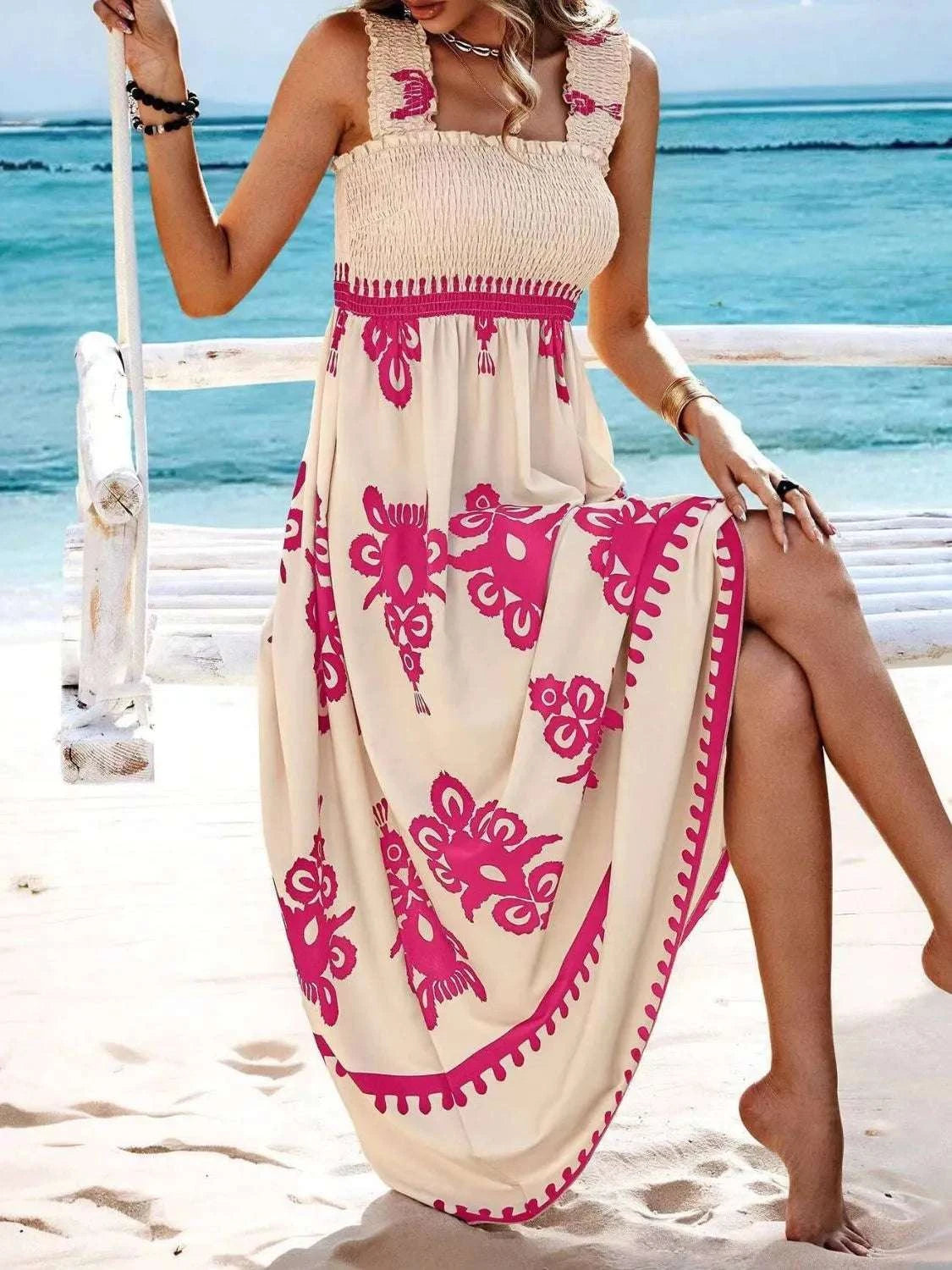 Smocked Printed Wide Strap Maxi Dress WESTCLOSET