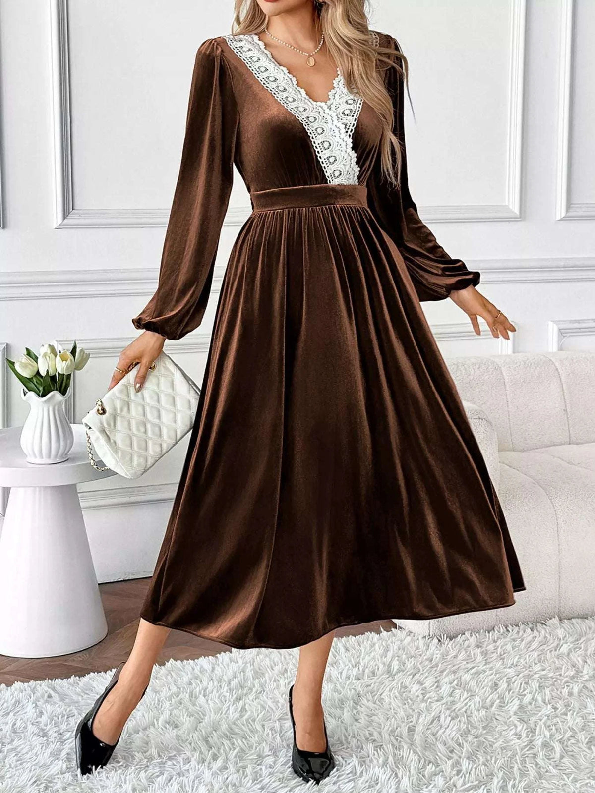 Velvet A-Line Dress with Lace Trim WESTCLOSET