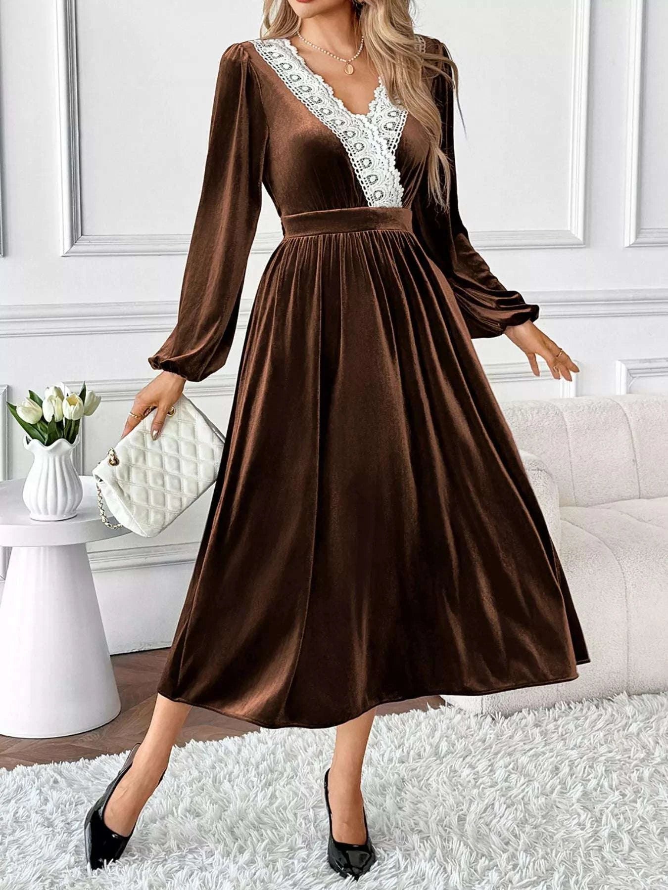 Velvet A-Line Dress with Lace Trim WESTCLOSET