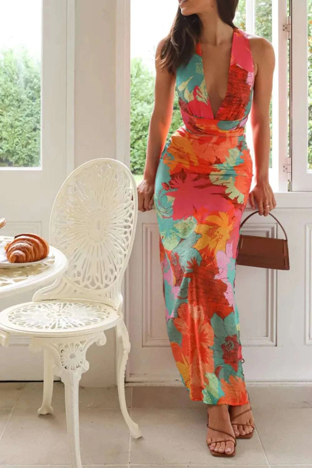 Split Crisscross Back Printed Plunge Maxi Dress WESTCLOSET