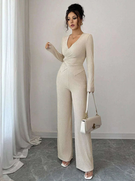 Metal Buckle Long Sleeve Top and Pants Set WESTCLOSET