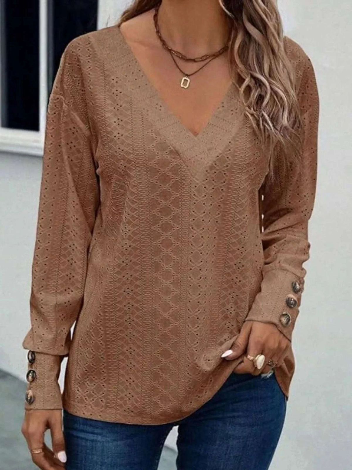 Eyelet V-Neck Long Sleeve T-Shirt WESTCLOSET