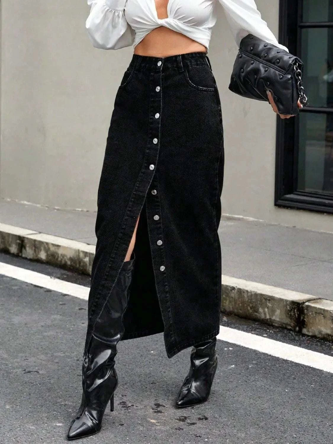 Button Front Denim Skirt WESTCLOSET