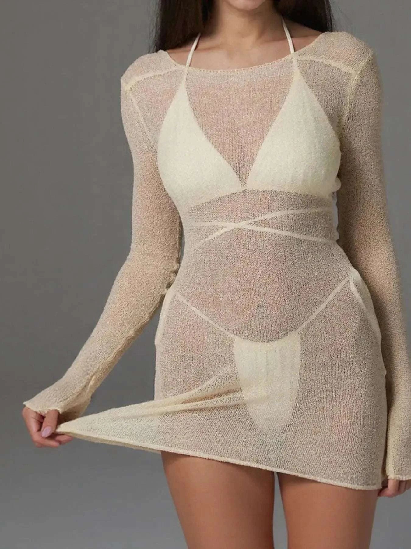 Beige sheer mini cover-up dress women beachwear