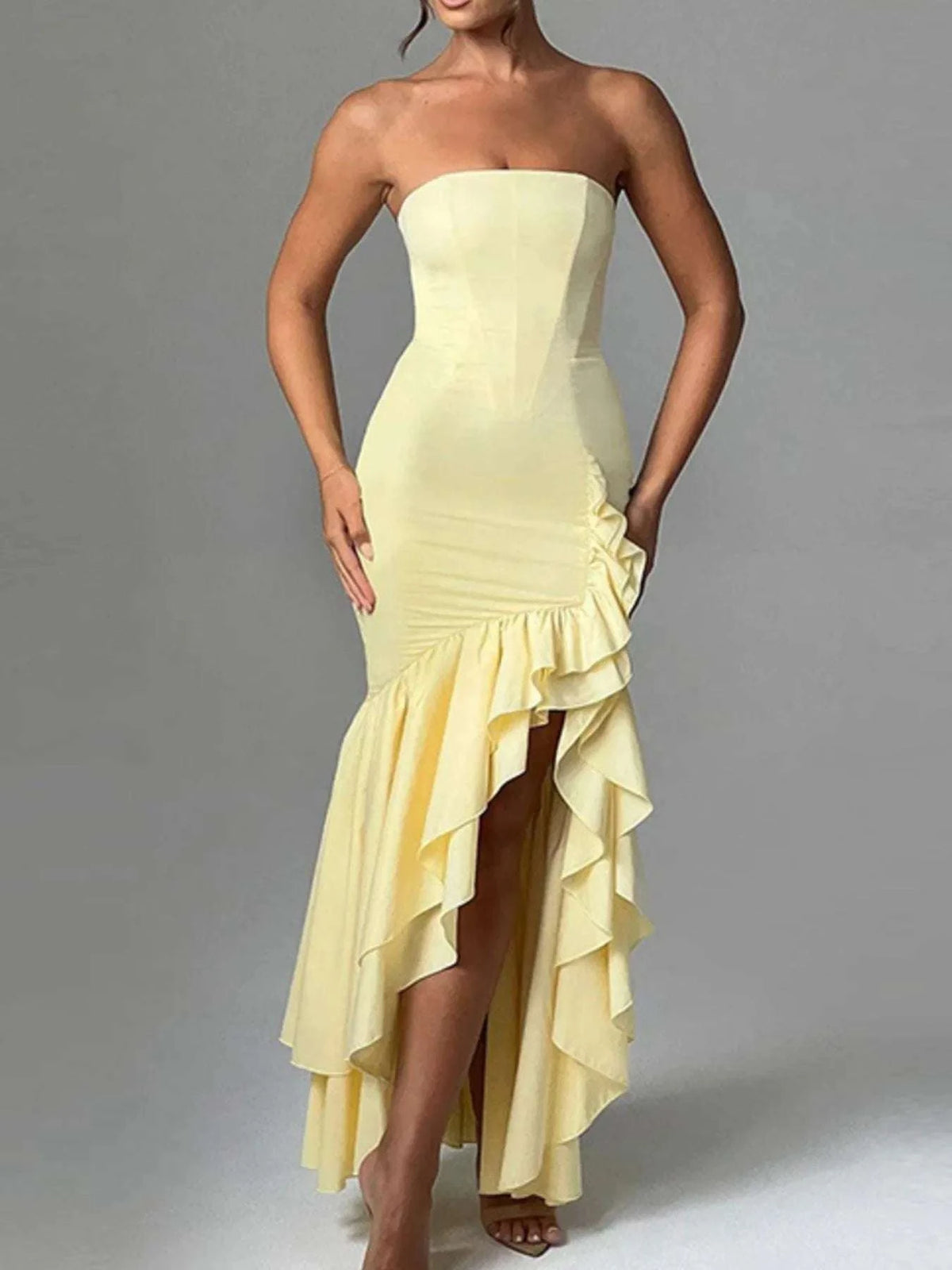 Strapless Ruffle High-Low Bodycon Dress WESTCLOSET