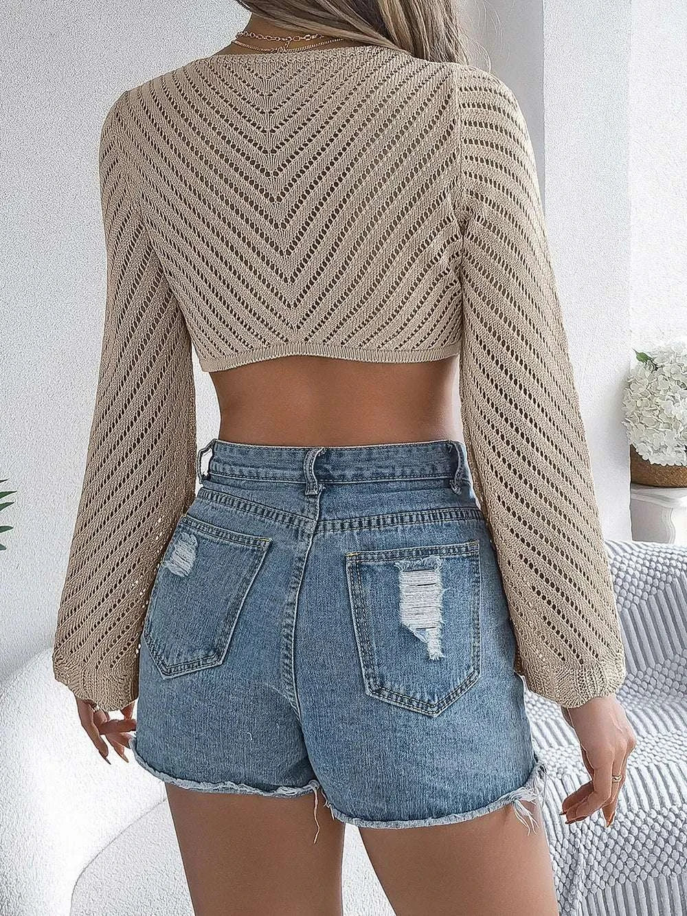 Openwork Tied Long Sleeve Knit Cover Up WESTCLOSET