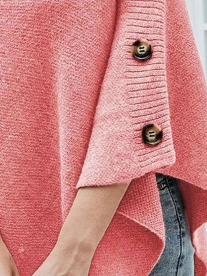 Button-Decor Turtleneck Poncho Pullover WESTCLOSET