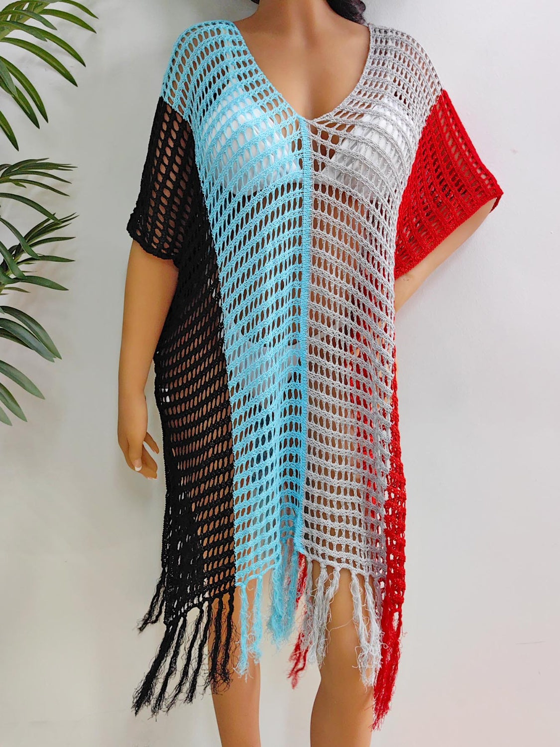 Black sheer fringe swim cover up women