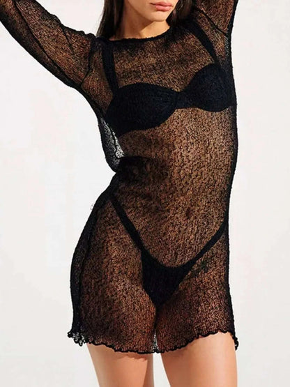 Black sheer long sleeve cover-up dress women